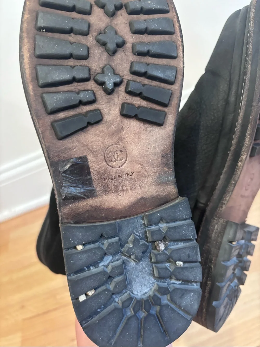 CHANEL black leather & suede boots with an embossed CC logo on heel size 37